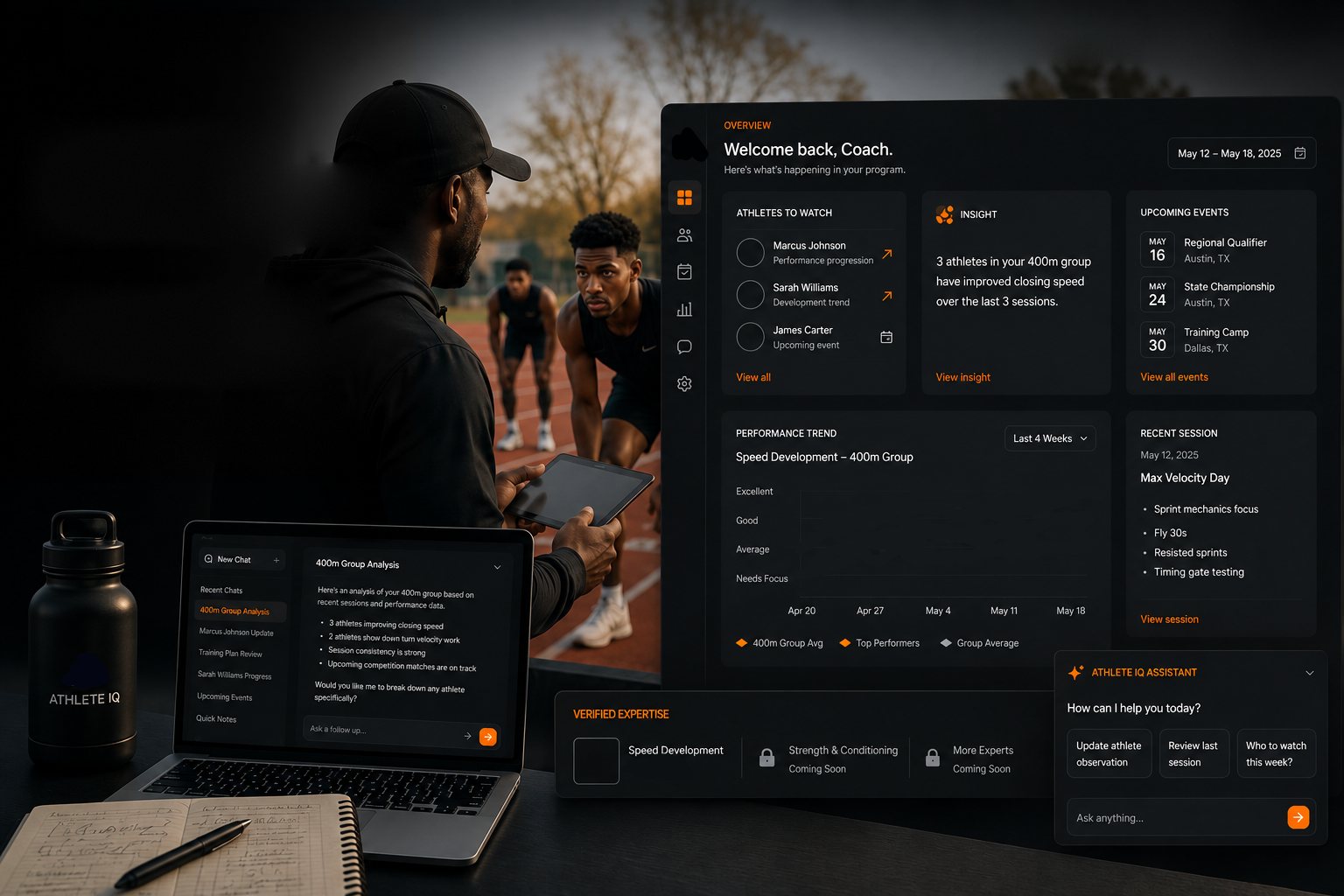 A coach holding a tablet watches sprinters at the start line, beside the Athlete IQ coach dashboard, an AI chat on a laptop, and a branded water bottle.